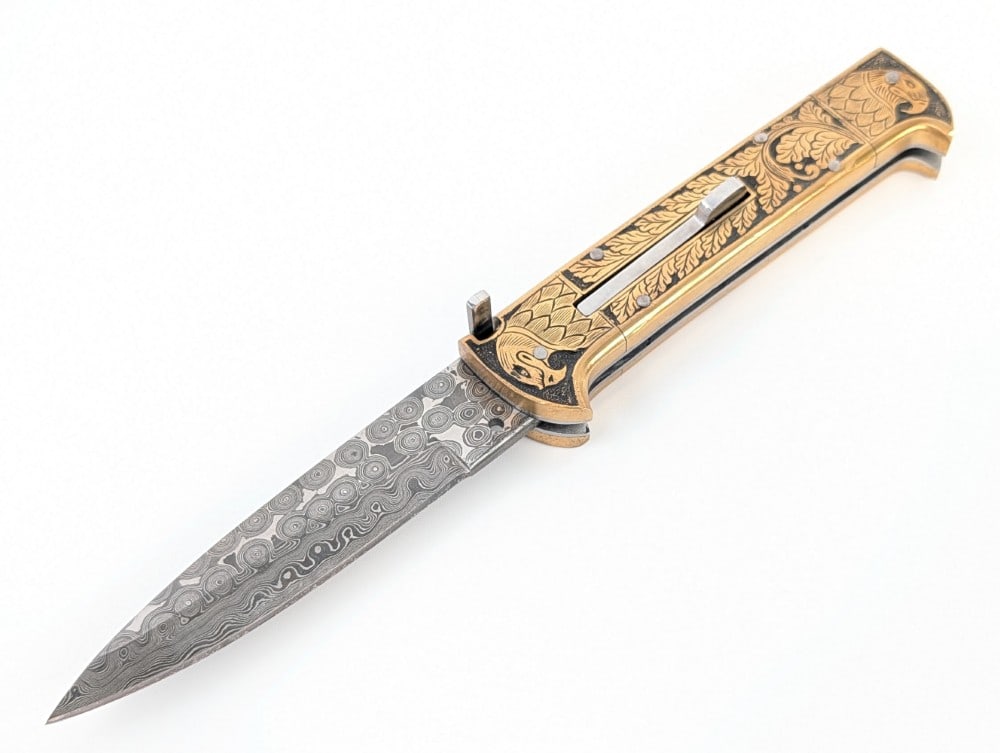 Custom 9in Damascus Engraved Full Brass Switchblade Knife (1 of 5)