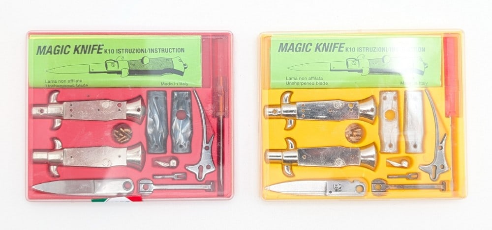 (2) Inox Italy Small Switchblade Knife Build Kits: Knives are in like new condition with scratches on the plastic covers from handling and age. Knives measures 2-1/4in when closed.