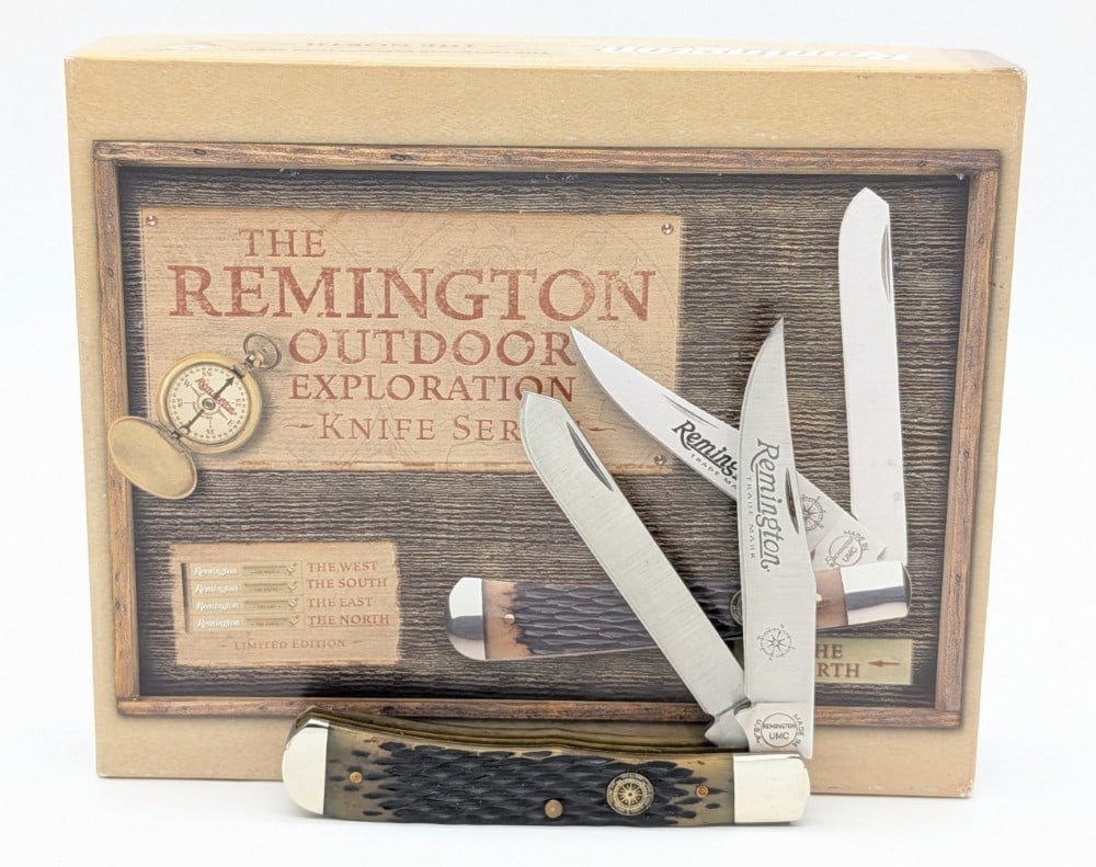 Remington Outdoor Exploration Series Jigged Delrin Trapper w/ Box: Knife is in very nice condition with light tarnishing on the bolsters from age. Overall measures 4-1/8in when closed.