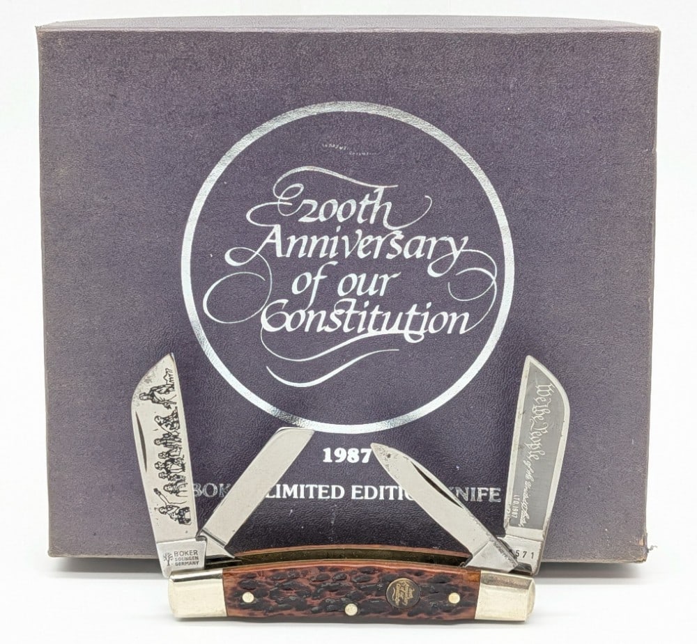Ltd 1987 Boker US Constitution 200th Anni Jigged Bone Congress Knife w/ Box: Knife is in good condition with surface tarnishing on the blades and bolsters from age. Overall measures 3-5/8in when closed.