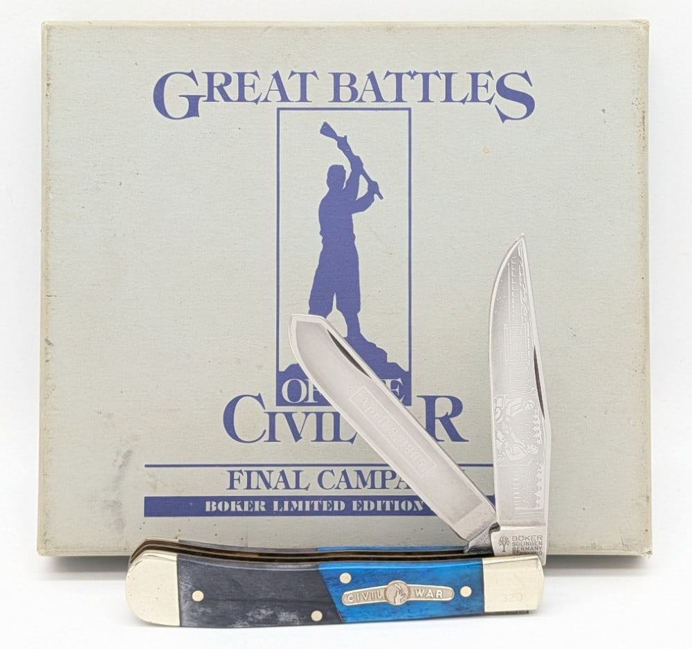 Ltd Boker Tree Brand Civil War Smooth Black & Blue Bone Trapper w/ Box: Knife is numbered 320, and is in very nice condition with light tarnishing on the bolsters. Overall measures 4-1/8in when closed.