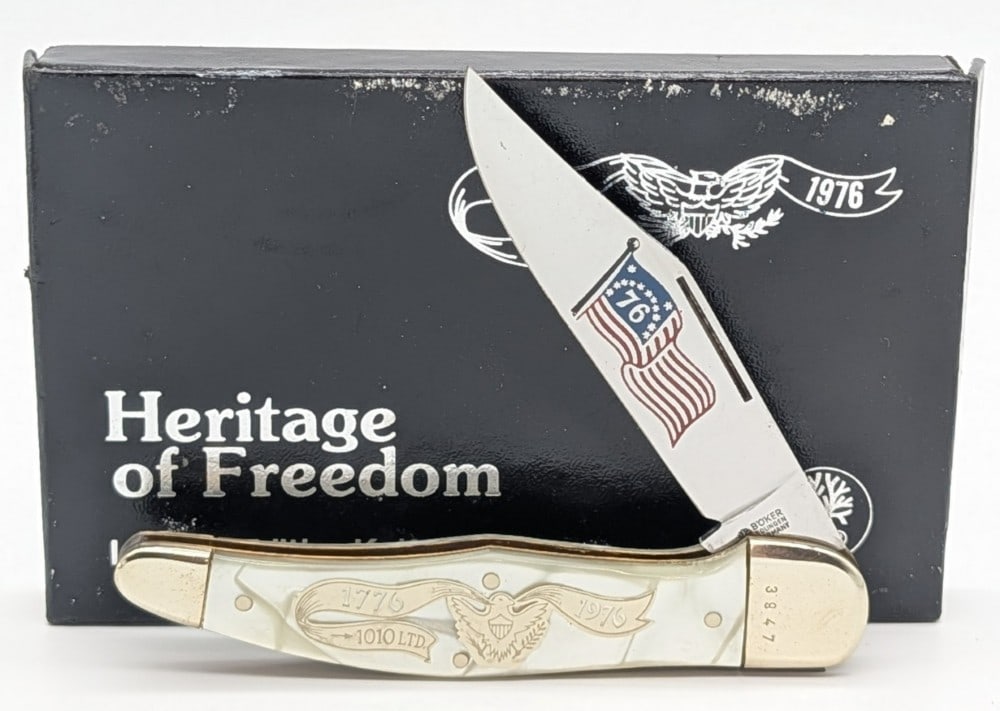 Ltd 1976 Boker Heritage of Freedom Bicentennial Faux Pearl Folding Hunter w/ Box: Knife is numbered 3947, and is in very nice condition with light tarnishing on the bolsters. Overall measures 4-1/4in when closed.