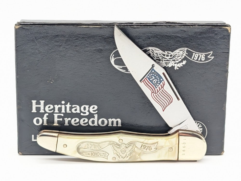 Ltd Boker Heritage of Freedom Bicentennial Faux Pearl Folding Hunter w/ Box: Knife is numbered 10995, and is in nice condition with tarnishing on the blade and bolsters. Overall measures 4-1/4in when closed.