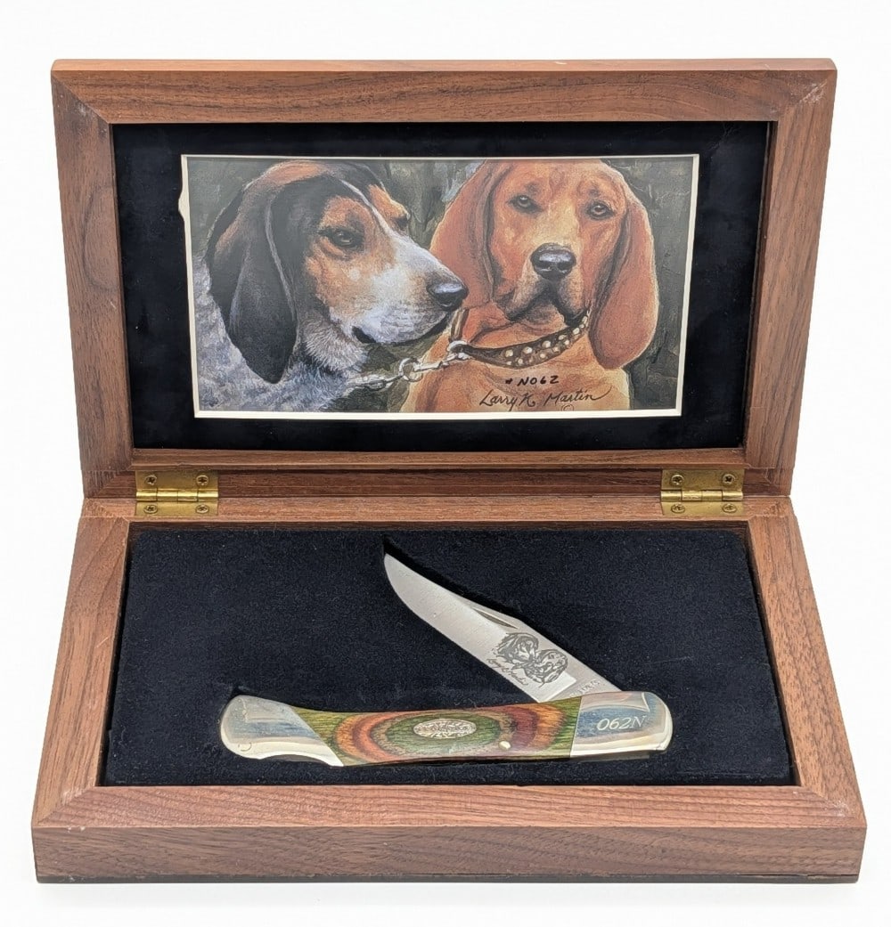 Ltd Bear MGC Larry K. Martin Smooth Wood Lock Back w/ Case: Knife is numbered 062N, and is in very nice condition with tarnishing on the bolsters from age. Overall measures 5in when closed.