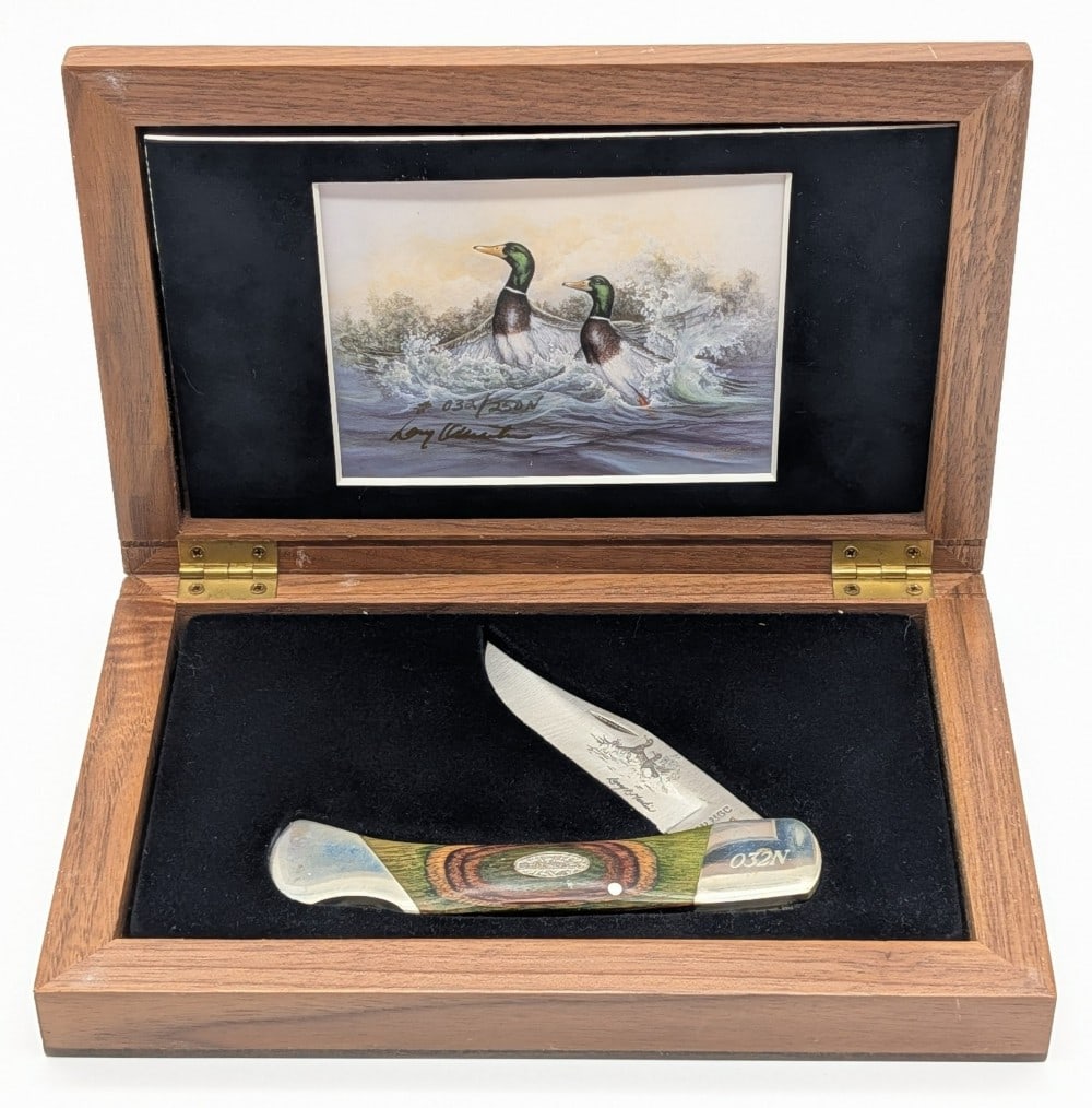 Ltd Bear MGC Larry K. Martin Smooth Wood Lock Back w/ Case: Knife is numbered 032N, and is in very nice condition with tarnishing on the bolsters from age. Overall measures 5in when closed.