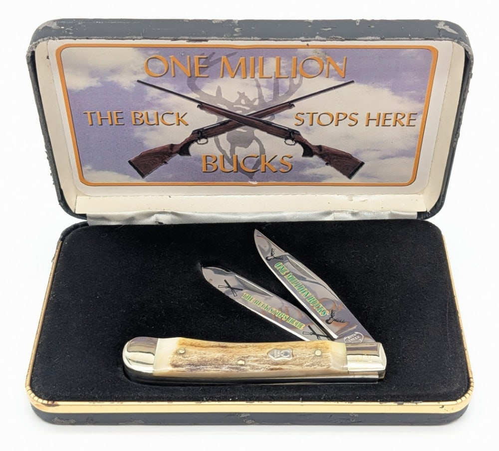 Ltd Buck Creek One Million Bucks Stag Trapper w/ Case: Knife is numbered 112, and is in nice condition with light tarnishing on the bolsters from age. Overall measures 4-1/8in when closed.