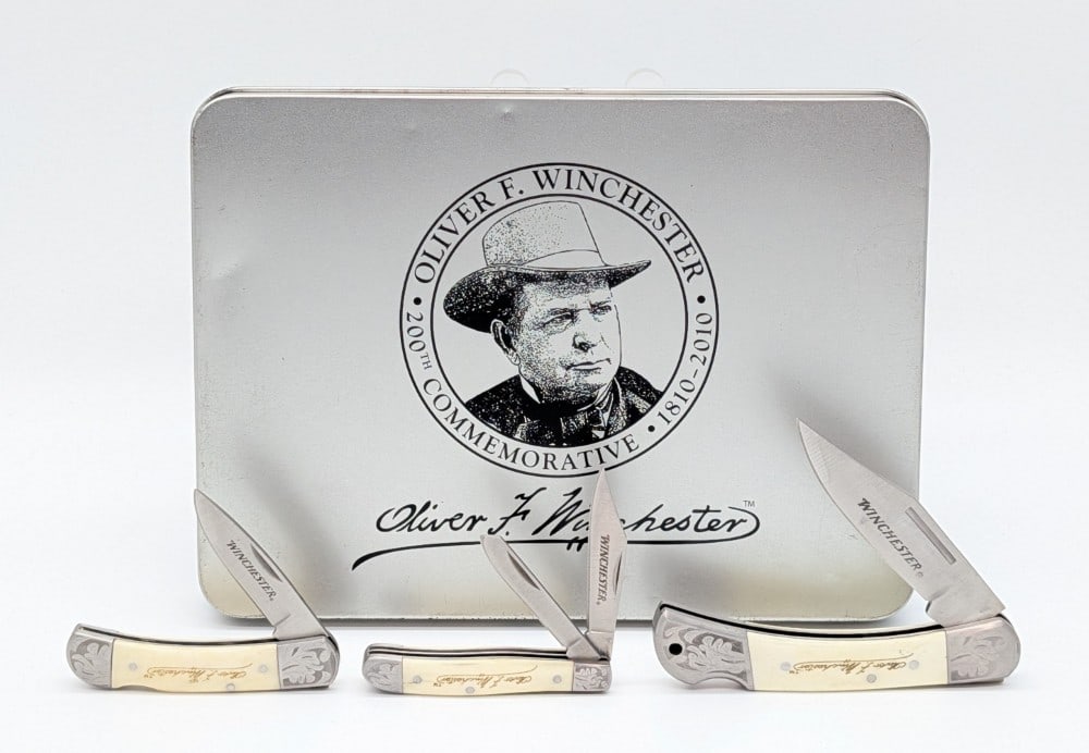 Oliver Winchester Smooth Bone Scroll Bolster Knife Set w/ Tin: Knives are in very nice condition with light tarnishing on the bolsters from age. Largest overall measures 4-1/4in when closed.