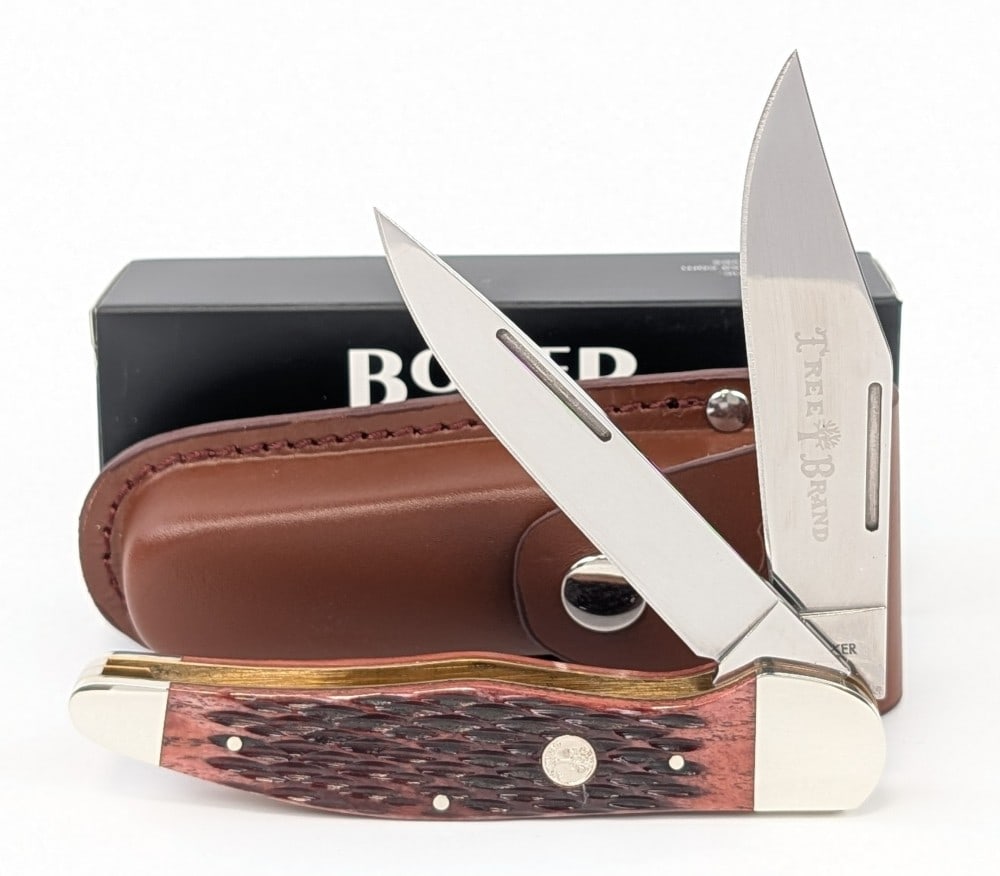 NIB Boker Tree Brand Red Bone Folding Hunter w/ Sheath: Knife is in new condition. Overall measures 5-1/4in when closed.