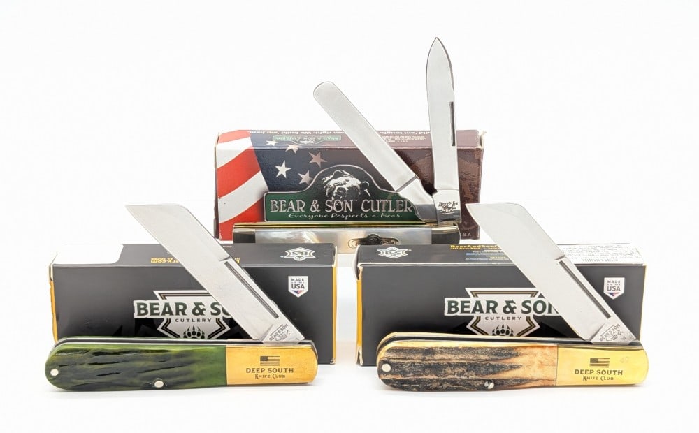 Bear & Son Jigged Bone, Stag, & Mother of Pearl Folding Knives w/ Boxes: Knives are in like new condition. Largest overall measures 4in when closed.