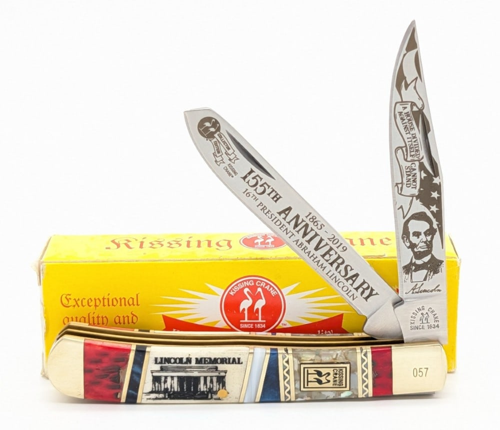Ltd Kissing Crane Lincoln Memorial Mixed Media Handle Scale Trapper w/ Box: Knife is numbered 057, and is in like new condition. Overall measures 4-1/8in when closed.