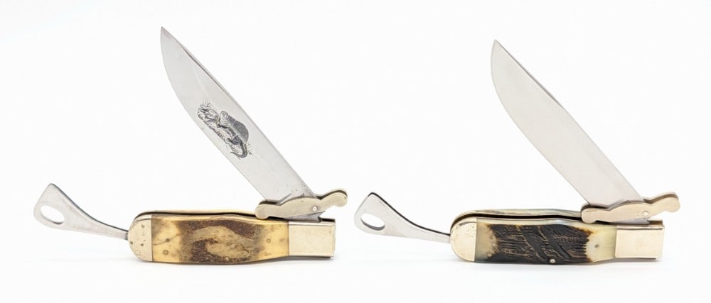Parker & Marbles Jigged Bone & Stag Safety Folding Knives: Knives are in nice condition with tarnishing on the bolsters, and the Parker has a crack on the front scale. Overall measures 6-3/8in when closed.