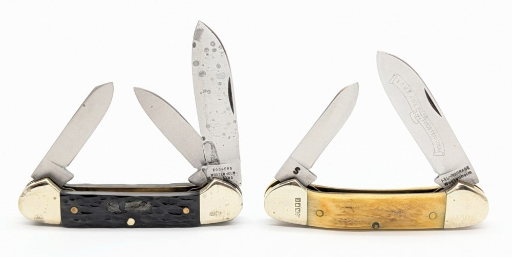 Ltd Schrade & Rodgers Wostenholm Stag & Jigged Bone Canoe Knives: Knives are in fair condition with scratches and tarnishing on the blades, and scratches and tarnishing on the bolsters. The Rodgers is missing the shield. Overall measures 3-5/8in when closed.