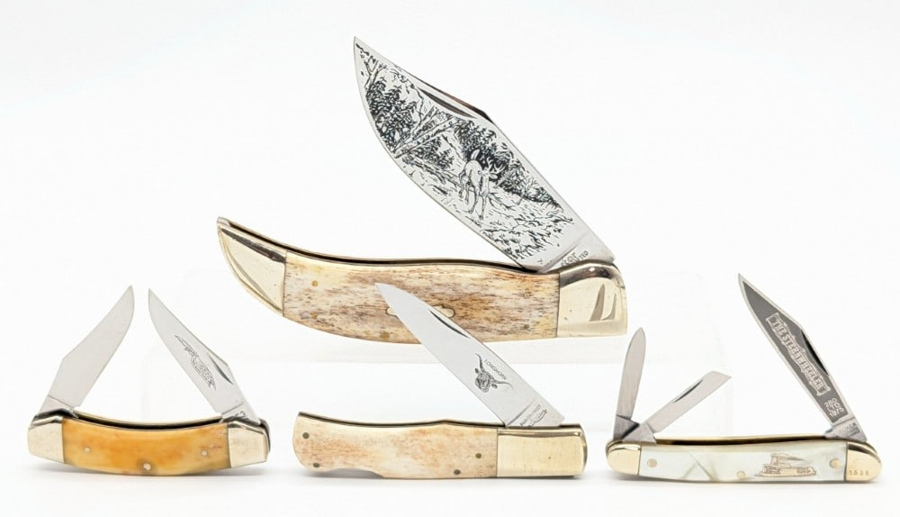 Boker, Parker, & Star Folding Knives: Knives are in good condition with scuffs and tarnishing on the bolsters from handling and age. Largest overall measures 5-3/8in when closed.