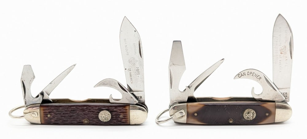 Ulster Boy Scouts of American Delrin Scout Camp Knives: Knives are in fair used condition with scratches and tarnishing on the blades, and scuffs and dings on the bolsters from use. Overall measures 3-3/4in when closed.