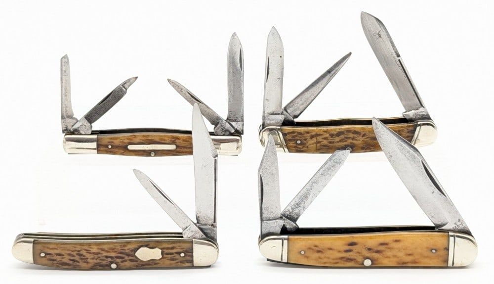 Western, Pireknot, Remington, & Cattaraugus Jigged Bone Folding Knives: Knives are in used cleaned condition with scratches and material loss on the polished blades, scuffs and dings on the polished bolsters, and general wear on the handle scales. Largest overall measures