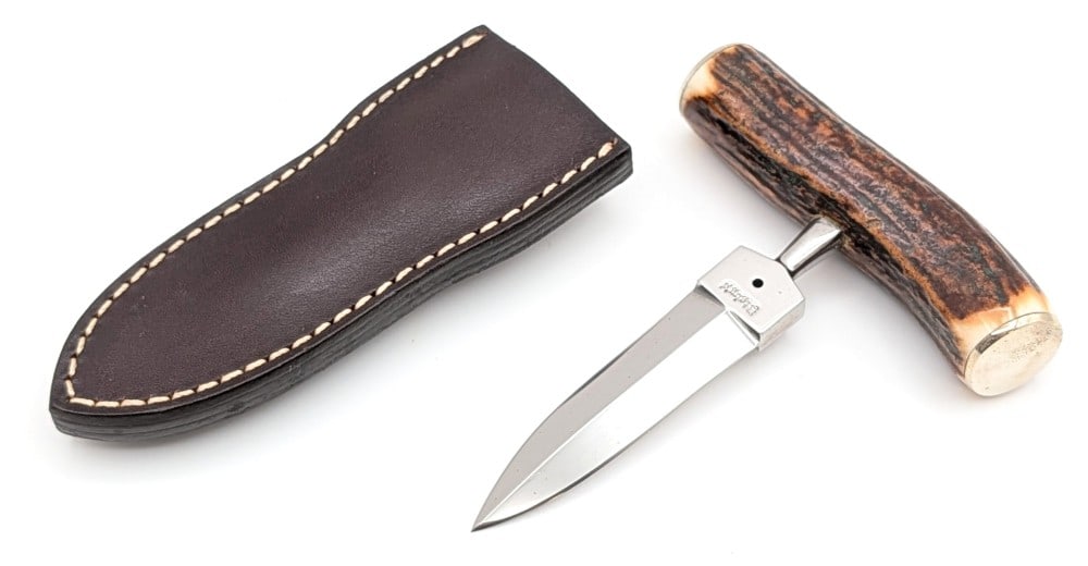 Custom Bigby's Sheffield England Stag Handle Push Dagger w/ Sheath: Features a double edged mirror polished blade, and a stag handle with nickel silver end caps. Knife is in very nice condition with light tarnishing from age. Blade length measures 3in and overall 5-1/