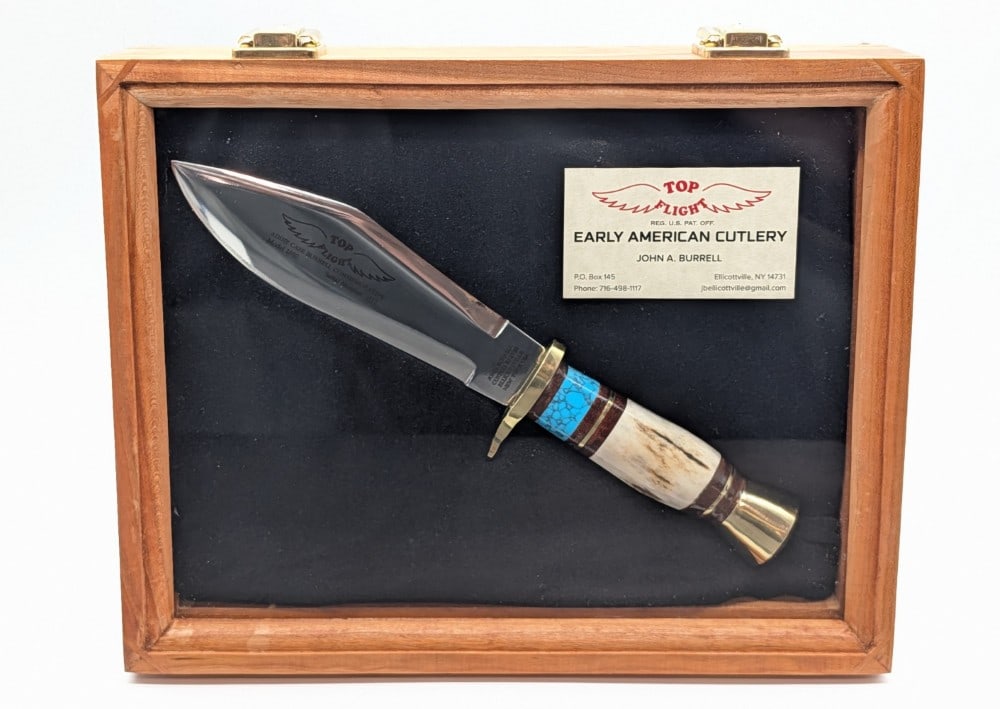 Ltd John Burrell Top Flight Addie Case Commemorative Model 1892 Bowie w/ Case & COA: Knife is a tribute to the Case XX family member Addie Case Burrell and is numbered 037 of 40. Features a mirror polished bowie blade, a brass single guard, a stag handle with leather and turquoise spa