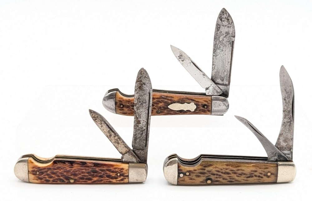Imperial, Valley Forge, & Camillus Jigged Bone Easy Open Jack Knives: Knives are in well used condition with heavy scratches and material loss on the blades, scuffs and scratches on the bolsters, and good handle scales. Overall measures 3-3/8in when closed.
