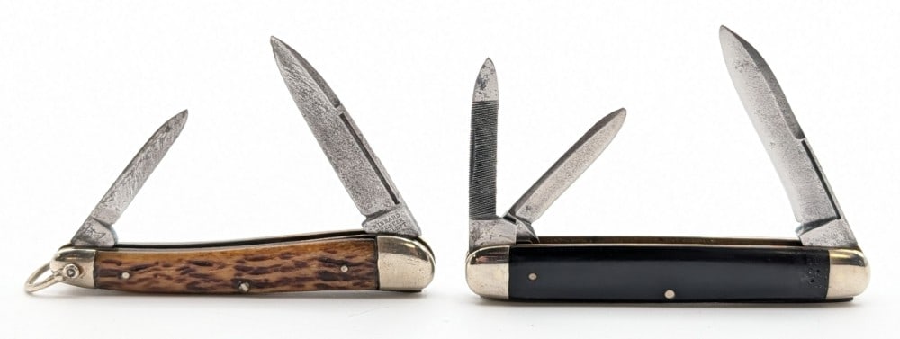 Hibbard Spencer & Bartlett Jigged Bone & Slick Black Jack Knives: Knives are in fair cleaned condition with scratches and material loss on the blades, scuffs and dings on the bolsters, and general scuffs on the handle scales. Overall measures 3-1/4in when closed.