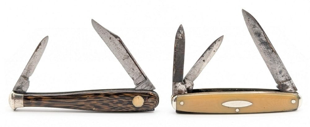 (2) Remington Celluloid Handle Folding Knives: Knives are in aged condition with heavy scratches and tarnishing on the blades, scuffs and dings on the bolsters, and small cracks on both knife handles. Largest overall measures 3-7/8in when closed.