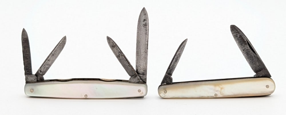 J.A. Henckels & Electric Mother of Pearl Folding Knives: Knives are in aged condition with heavy scratches and tarnishing on the blades, and nice handle scales. Overall measures 3-1/2in when closed.