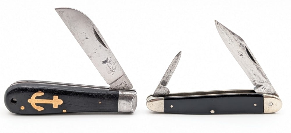 J.A. Henckels & Otter Brand Folding Knives: Knives are in fair condition with scratches and tarnishing on the blades, heavy scratches and carbon spots on the bolsters, and general scratches and wear on the handle scales. Overall measures 3-1/2i