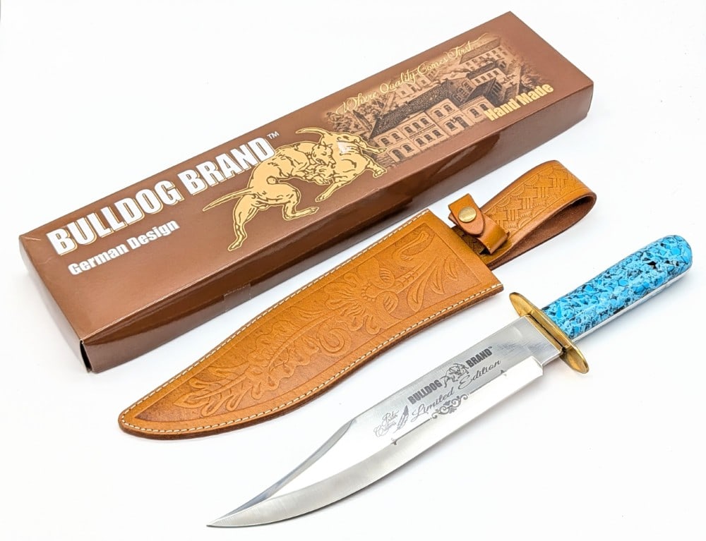 Ltd Bull Dog Brand Turquoise Material Bowie Knife w/ Sheath & Box: Knife is in like new condition. Blade length measures 9-3/8in and overall 14in.