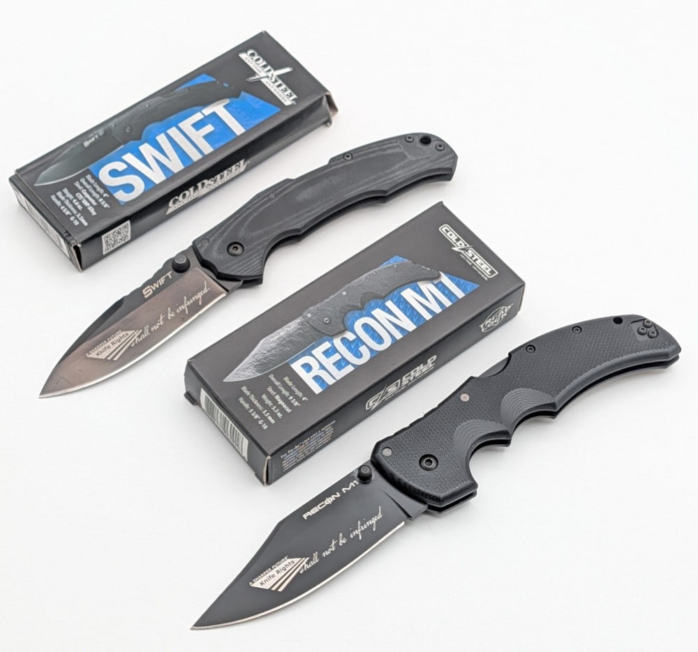 NIB Cold Steel Swift & Recon M1 Folding Knives: Knives are in new condition. Largest overall measures 5-1/4in when closed.