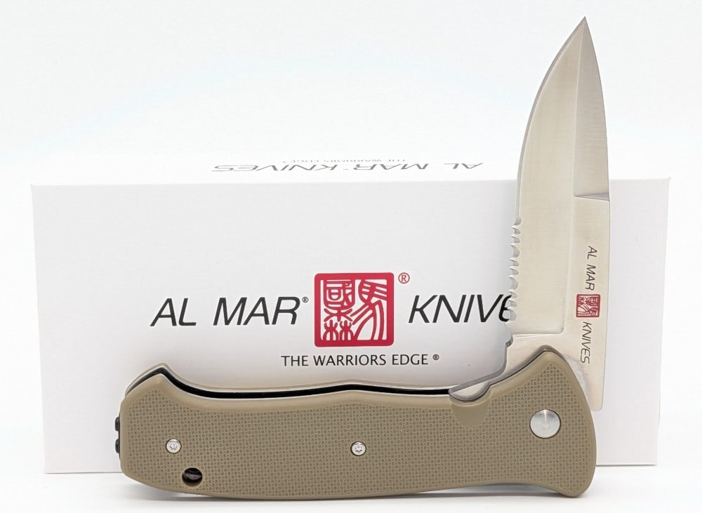 NIB Al Mar SERE 2020 Coyote Flipper Folding Knife: Knife is in new condition. Overall measures 4-7/8in when closed.