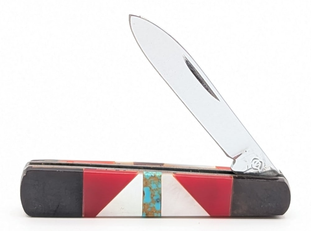 Custom Mother of Pearl Multi Media Folding Knife: Knife is marked with a rose on the tang, but I am unsure who the maker is. Knife is in good condition with some pits and scratches on the blade, and scuffs on the handle scales. Overall measures 3-1/8
