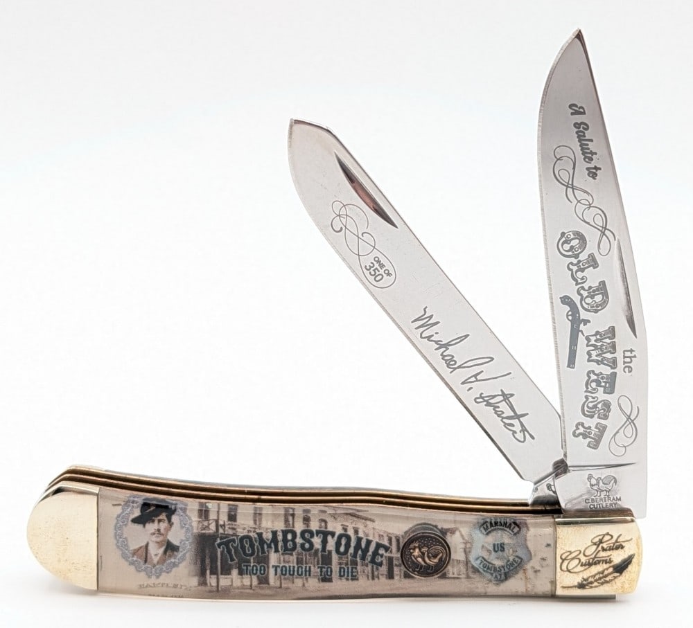 Ltd Hen & Rooster Michael Prater Custom Tombstone Old West Trapper: Knife is numbered 312 of 350, and is in very nice condition with light tarnishing on the bolsters from age. Overall measures 4-1/8in when closed.