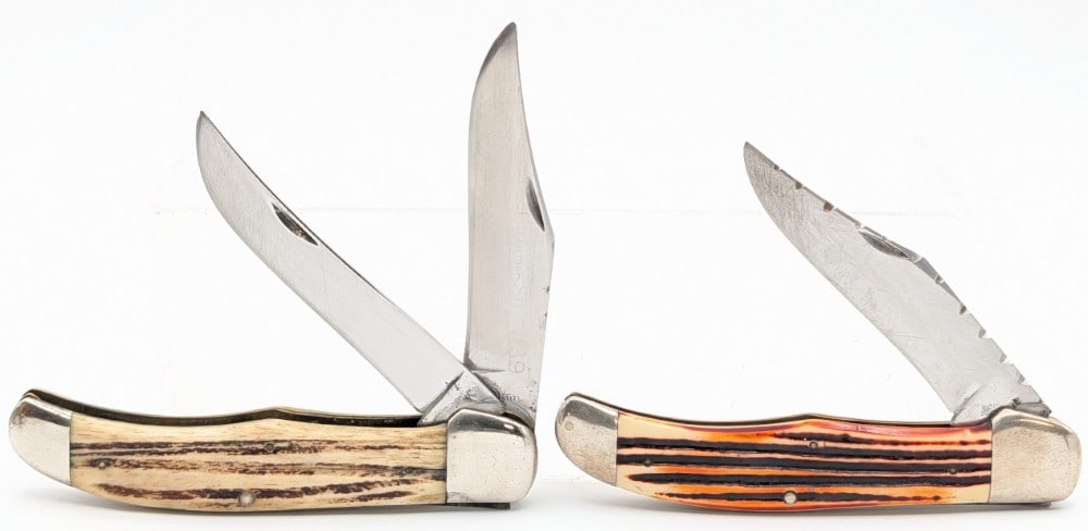 Queen Cutlery Stag & Faux Stag Folding Hunters: Knives are in worn condition with heavy scratches and material loss on the blades, and heavy scratches and dings on the bolsters from use and handling. Overall measures 5-1/4in when closed.
