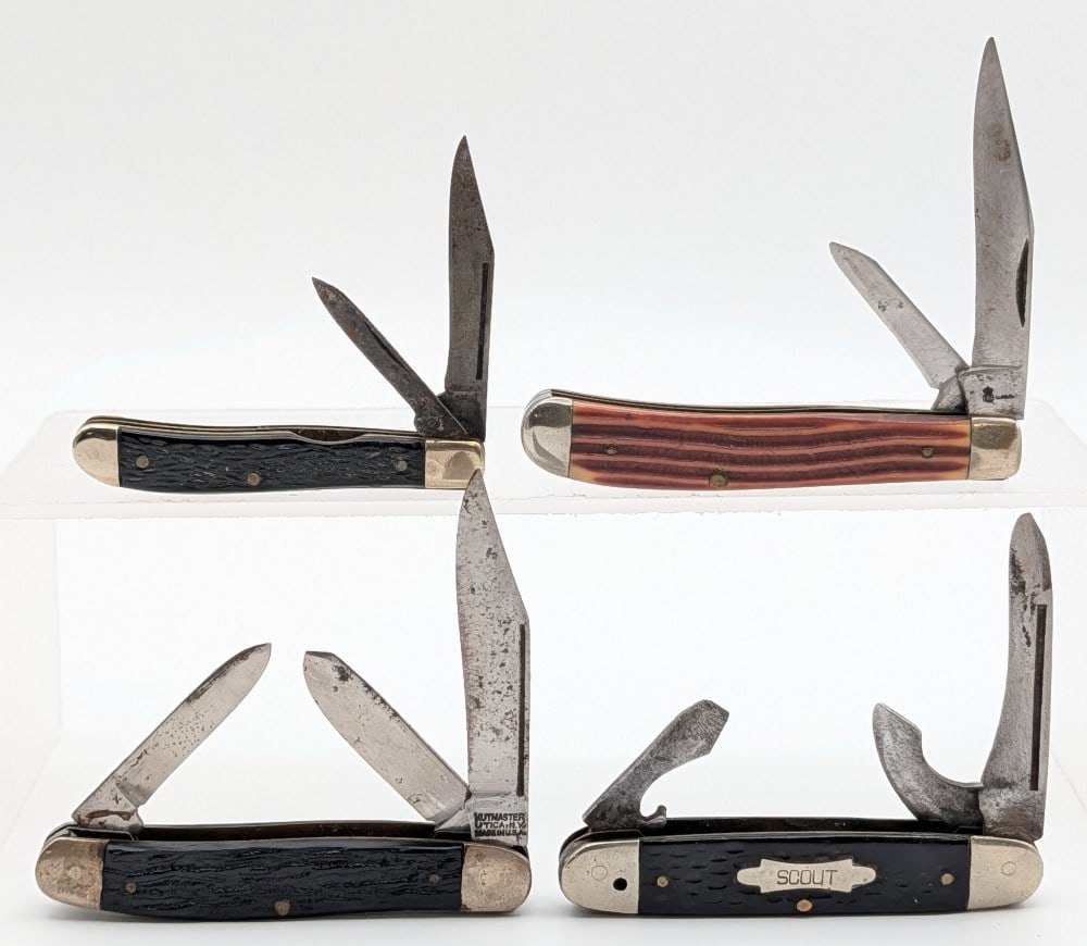 Kutmaster, Queen, Royal, & Unk Folding Knives: Knives are in worn aged condition with heavy wear on the blades, scuffs and tarnishing on the bolsters, and other wear from use and age. Largest overall measures 3-1/2in when closed.