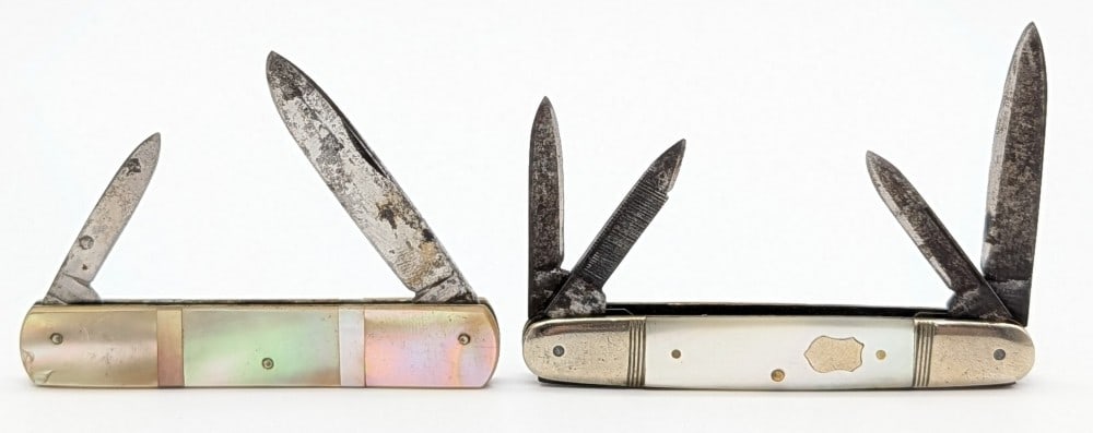 FDW Parker & Unknown Brand Mother of Pearl Folding Knives: Knives are in aged condition with scratches and rusting on the blades, and some small chips on the handle of the unmarked knife. Largest overall measures 3-1/4in when closed.