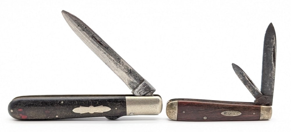 Canastota Knife Co. & L.F.&C. Smooth Wood Folding Knives: Knives are in aged condition with heavy scratches and rust on the blades, and scratches and tarnishing on the bolsters from use and age. Largest overall measures 4-1/2in when closed.