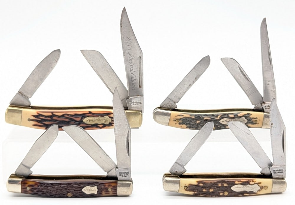 Schrade Uncle Henry Jigged Delrin Stockman Folding Knives: Knives are in various condition with different amounts of scuffs and wear from use and handling. Largest overall measures 3-7/8in when closed.