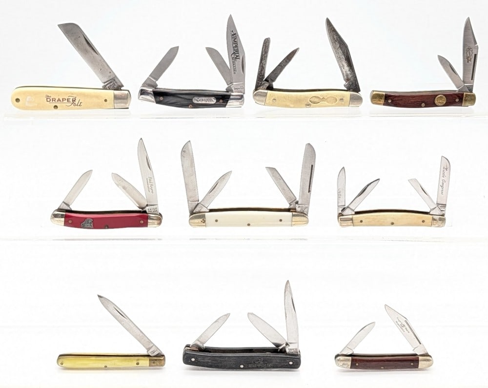 (10) Various Brand Vintage Folding Knives: Knives are in various condition with different amounts of scuffs and wear from use and handling. Largest overall measures 3-3/4in when closed.