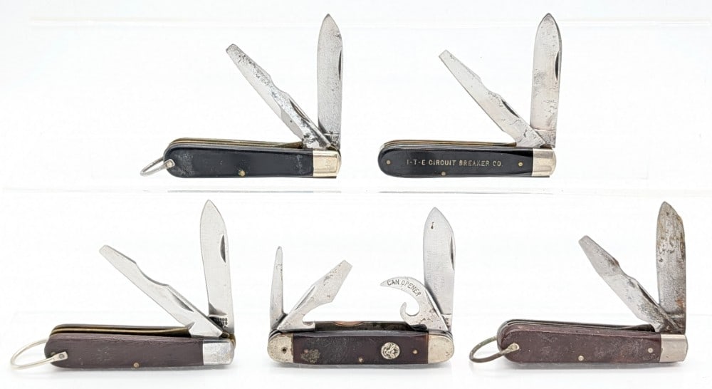 (5) Various Brand Scout Camp Knives: Brands include Proto, Colonial, Camillus, Schrade, & Ulster. Knives are in various condition with different amounts of scuffs and wear from use and handling. Largest overall measures 3-3/4in when clos