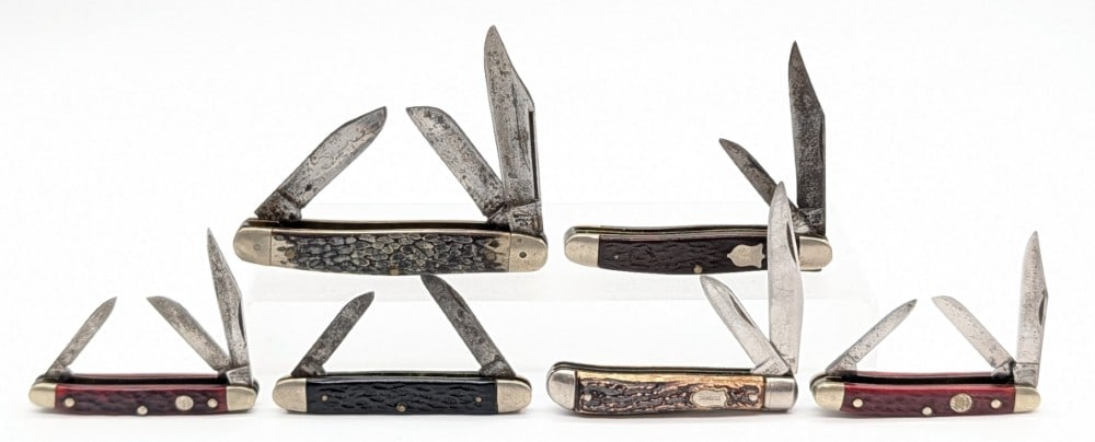 (6) Various Brand Vintage Folding Knives: Brands include Kutmaster, Camillus, Colonial, and John Primble. Knives are in various condition with different amounts of scuffs and wear from use and handling. Largest overall measures 3-7/8in when