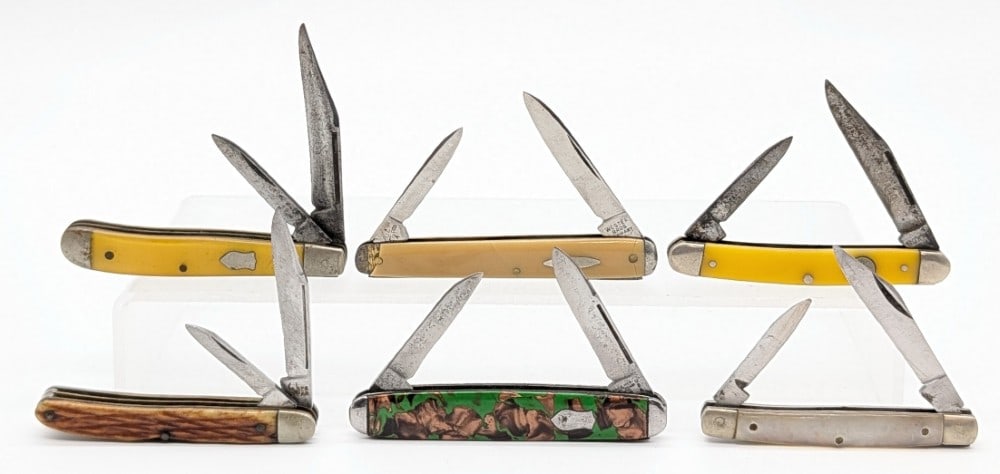 (6) Various Brand Vintage Folding Knives: Brands include Hammer Brand, Wester Bros, Valor, Sabre, Schrade, and Boker. Knives are in various condition with different amounts of scuffs and wear from use and handling. Largest overall measures 3-