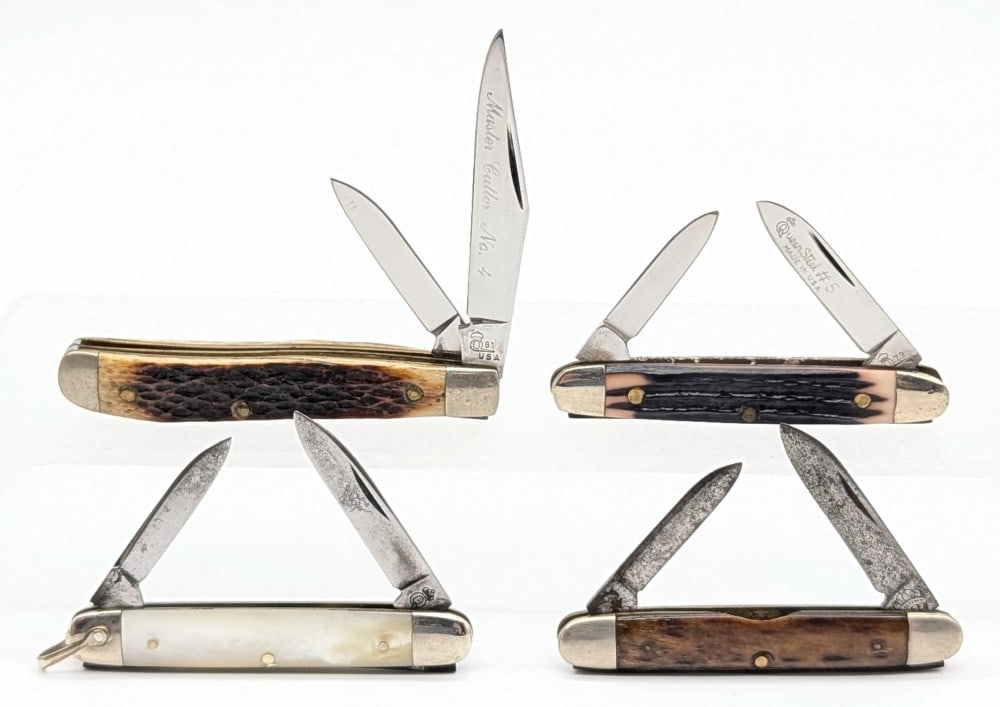 (4) Queen Cutlery Jigged Bone & Mother of Pearl Folding Knives: Knives are in various condition with different amounts of scuffs and wear from use and handling. Largest overall measures 2-3/4in when closed.