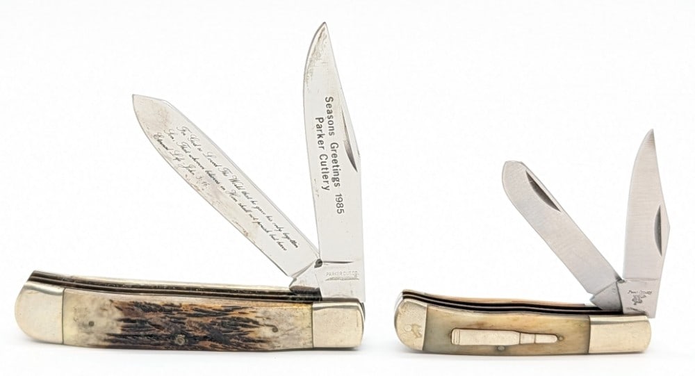 Parker Cutlery Stag Trapper & Mini Trapper: Knives are in nice condition with some scratches on the blades, and scuffs and tarnishing on the bolsters from handling and age. Largest overall measures 4-1/8in when closed.
