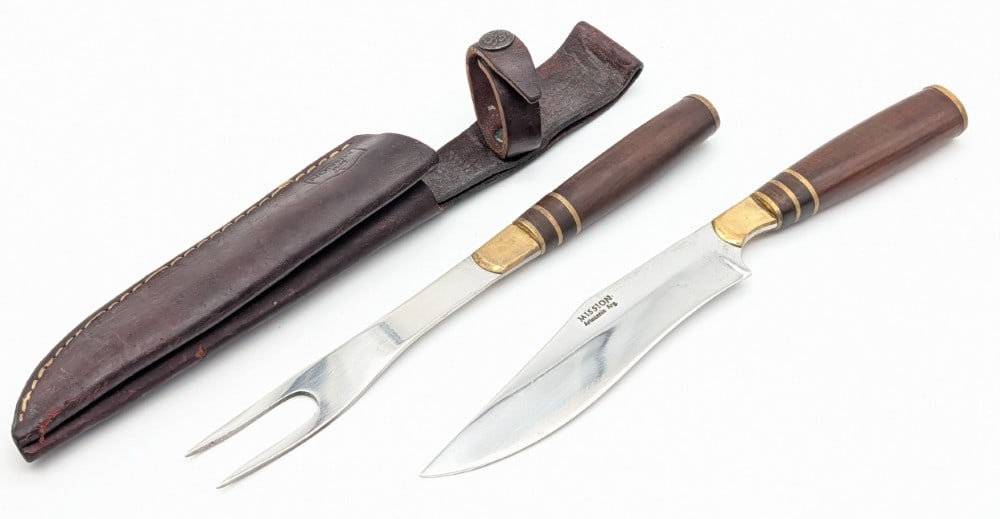 Argentine Mission Smooth Wood Carving Knife & Fork Set w/ Sheath: Features a mirror polished blade, brass bolster, a smooth wood handle with brass spacers, and a brass butt cap. Knife is in good condition with scratches and tarnishing on the blade. Blade length