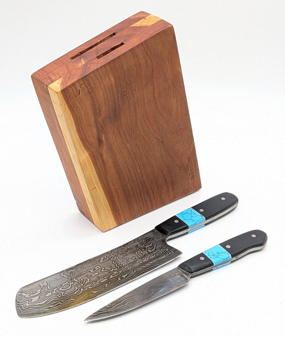 WWWW Knives Damascus Kitchen Cleaver & Utility Knife w/ Block: Features damascus blades, full tang handles, and black micarta handle scales with turquoise bolsters. Knives are in very nice condition with some dried oil on the blades from age. Largest blade