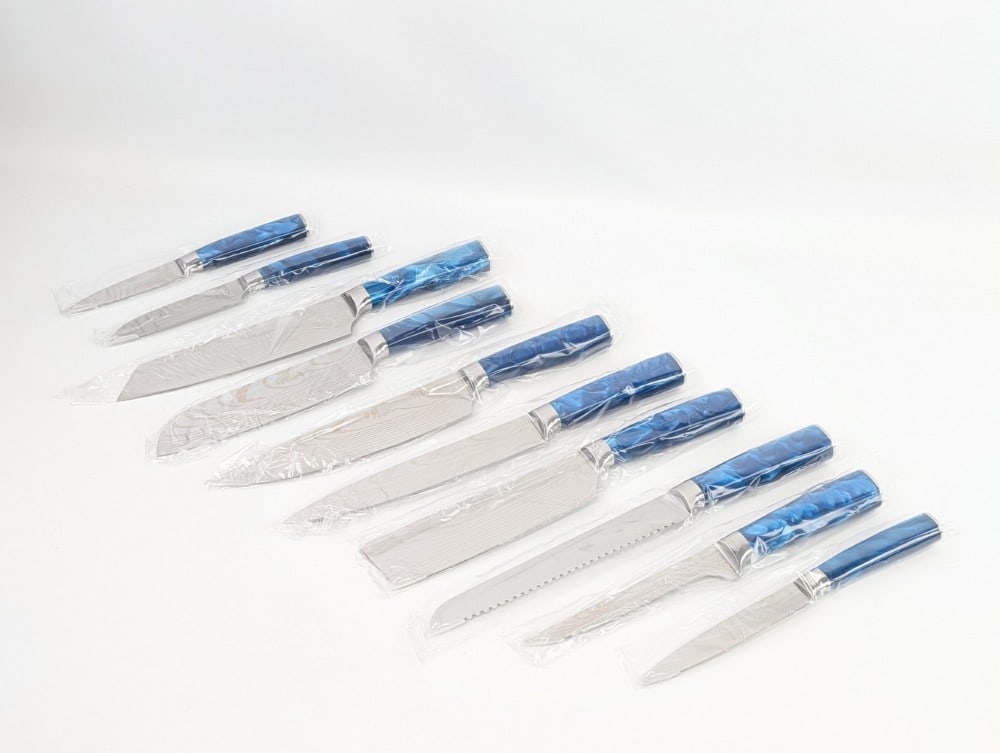 (10) Piece Damascus Pattern Blue Marbled Resin Knife Set (1 of 4)