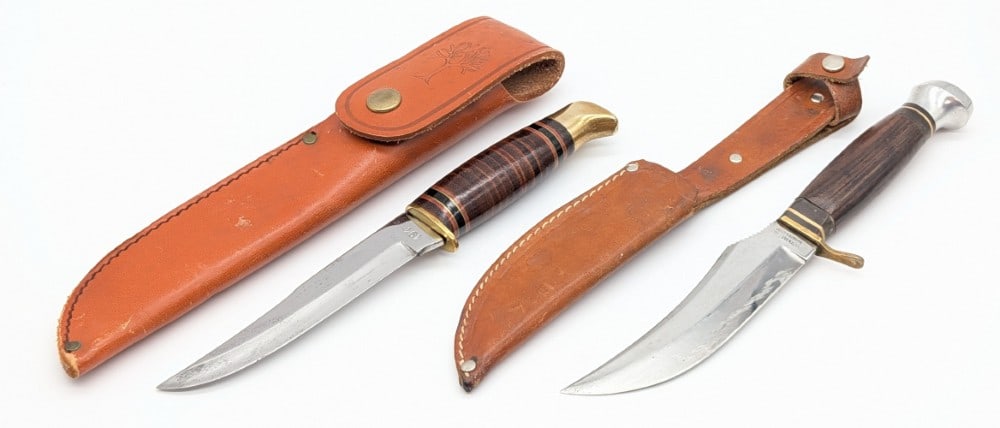 Boker & Olsen Fixed Blade Skinner & Hunting Knife w/ Sheaths: Knives are in good used condition with scratches and tarnishing on the blades, tarnishing on the brass, and other scattered scuffs from use and handling. Largest blade length measures 4-7/8in and over