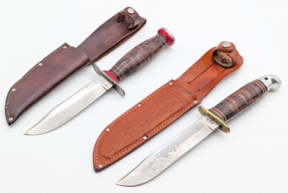 Schrade Walden & Western Hunting Knives w/ Sheaths: Knives are in fair condition with scratches and pits on the blades, scuffs and tarnishing on the pommels and guards, and other general wear from age. Largest blade length measures 5-3/4in and overall 
