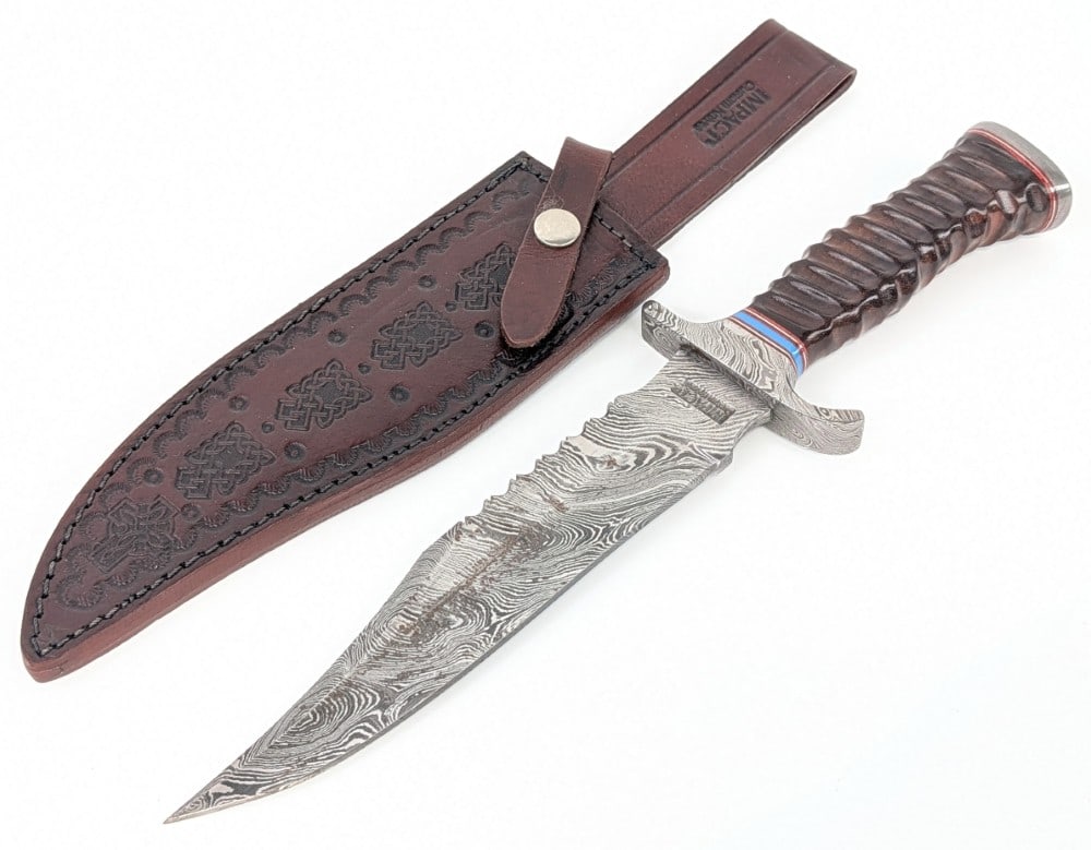 Impact Custom Knives Damascus Faceted Wood Bowie Knife w/ Sheath (1 of 6)