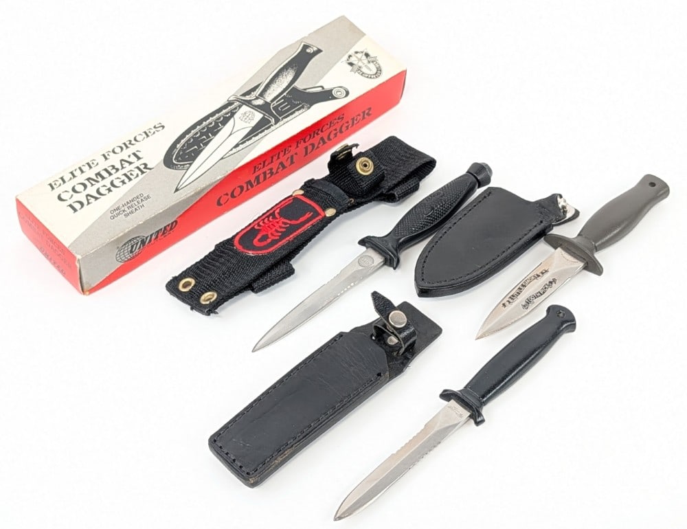 United Cutlery & Smoky Mountain Knife Works Boot Daggers: Knives are in nice condition with light scuffs from handling. Largest blade length measures 3-7/8in and overall 7-3/4in.