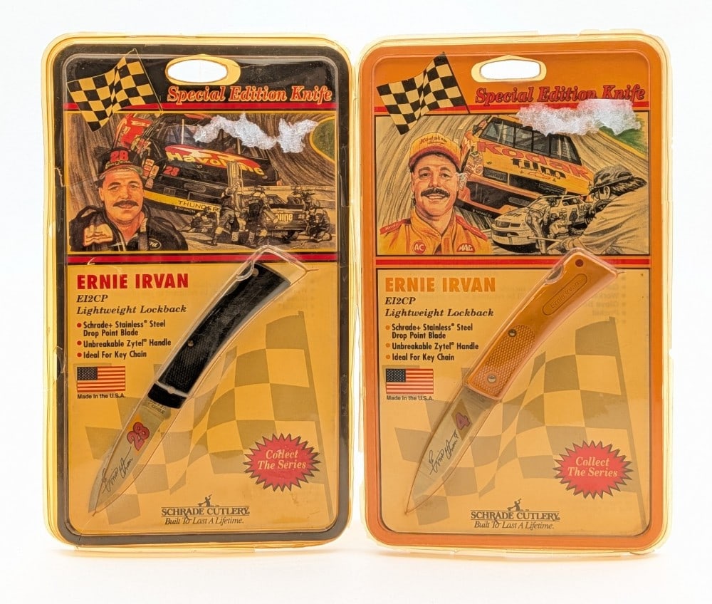 Schrade Cutlery Ernie Irvan Lock Back Folding Knives w/ Blister Packs: Packs have some cracking and damage, and yellowing from age.?